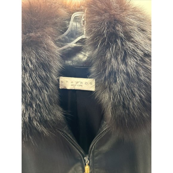 STAVROS New York Womens Black Leather Jacket with Mink Trim Size 4 Mid Length - Picture 2 of 11